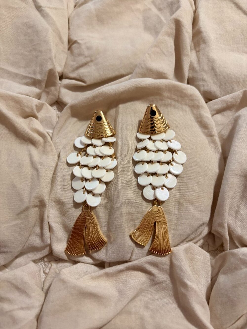 Free People Gold White Fish Statement Earrings Resort Boho Coastal Chic